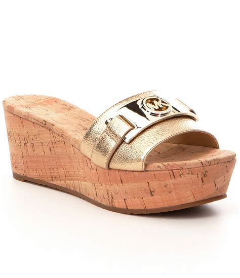 michael kors warren platform wedge sandal white gold logo|Michael Kors Warren Platform Wedge Sandals .